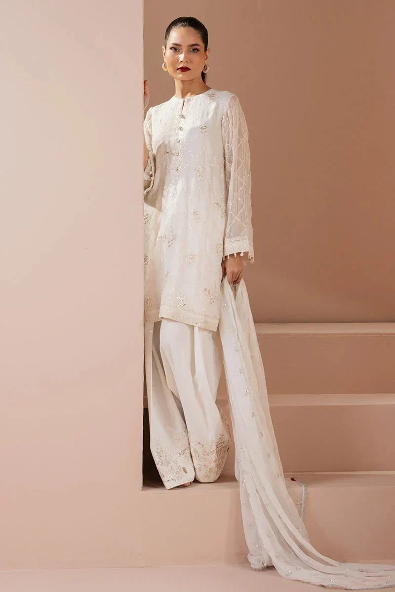 ANTIQUE WHITE - 4 PIECE EMBROIDERED CHIFFON SUIT - NEW NAMAL PRET