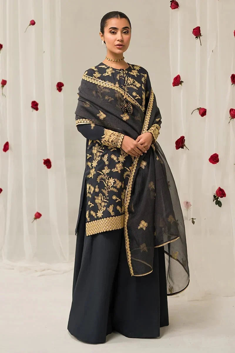 CHARCOAL TINT - 3 PIECE EMBROIDERED SILK SUIT - NEW NAMAL PRET