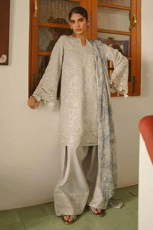 GRAY DAWN - 3 PIECE EMBROIDERED SILK SUIT - NEW NAMAL PRET