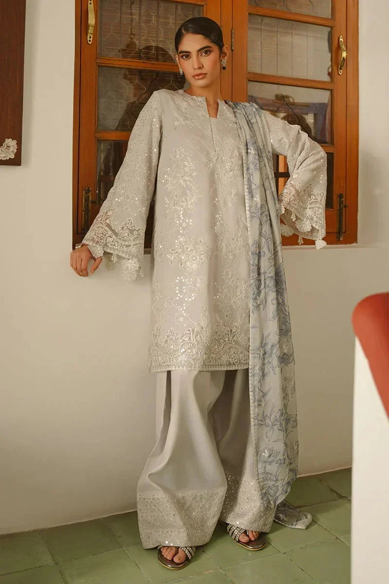 GRAY DAWN - 3 PIECE EMBROIDERED SILK SUIT - NEW NAMAL PRET