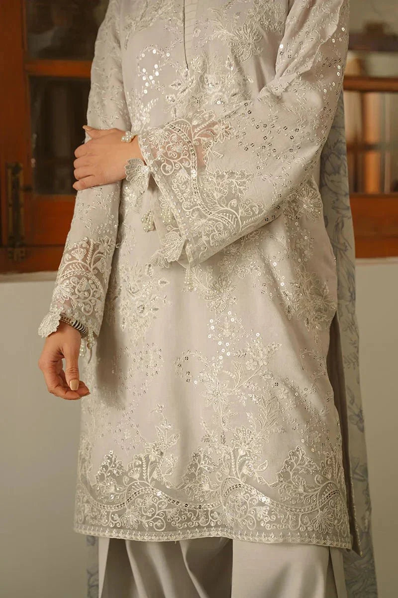 GRAY DAWN - 3 PIECE EMBROIDERED SILK SUIT - NEW NAMAL PRET