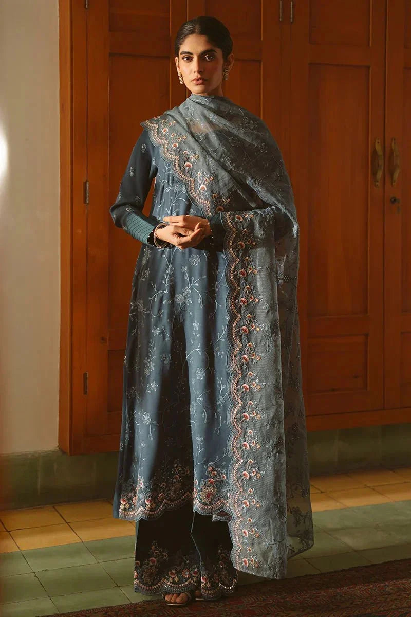 MAJESTIC TEAL - 3 PIECE EMBROIDERED SILK SUIT - NEW NAMAL PRET