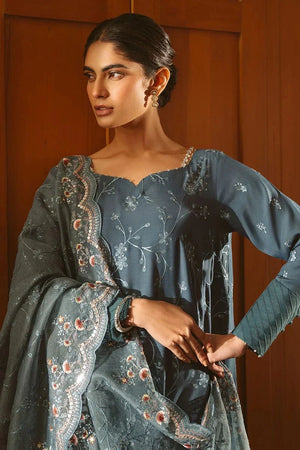 MAJESTIC TEAL - 3 PIECE EMBROIDERED SILK SUIT - NEW NAMAL PRET