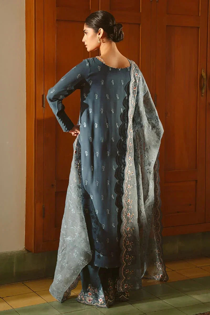 MAJESTIC TEAL - 3 PIECE EMBROIDERED SILK SUIT - NEW NAMAL PRET