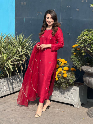 Red Rose Dress with Organza duppata - NEW NAMAL PRET